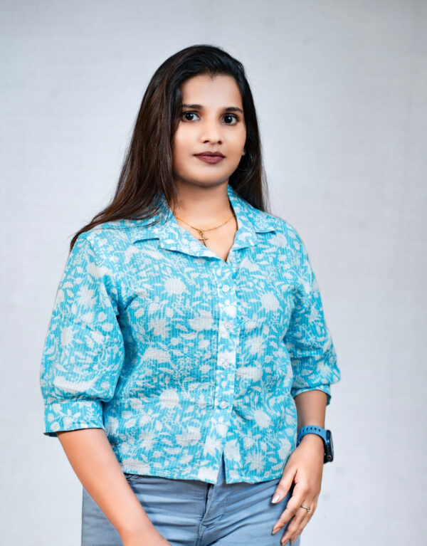 Blue Kantha Cotton Crop Shirt