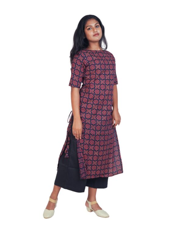 Ajrakh Straight Cut Kurti- Navi Blue - Image 2