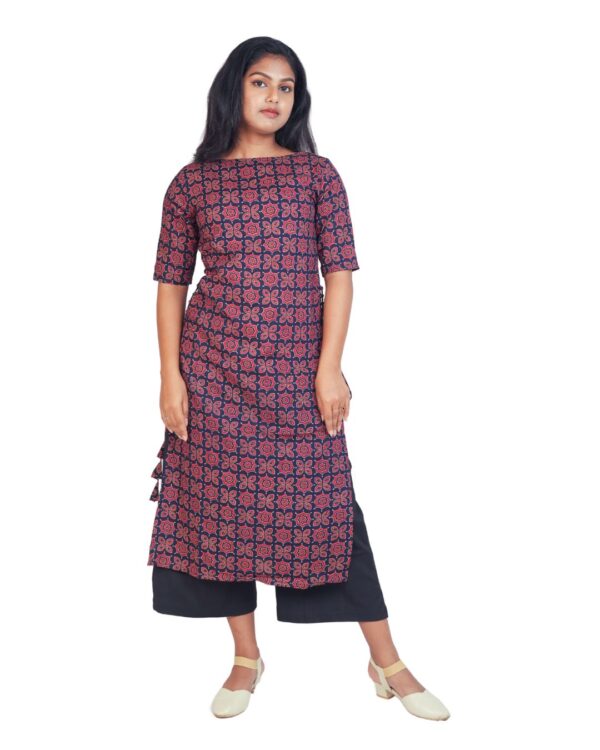 Ajrakh Straight Cut Kurti- Navi Blue