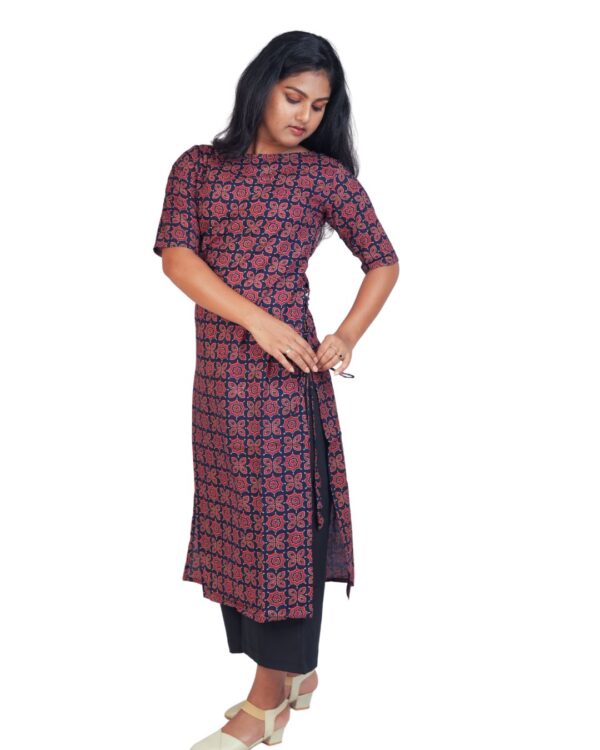 Ajrakh Straight Cut Kurti- Navi Blue - Image 4