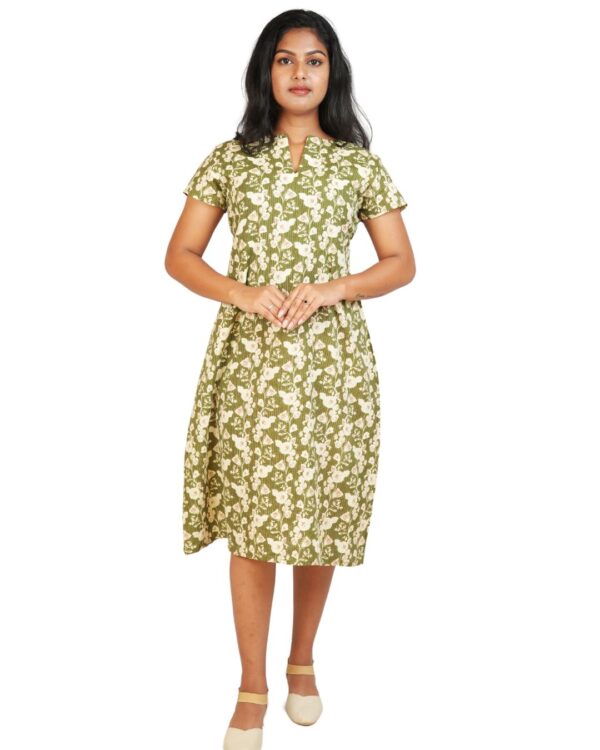 Kantha Cotton Dress- Olive Green