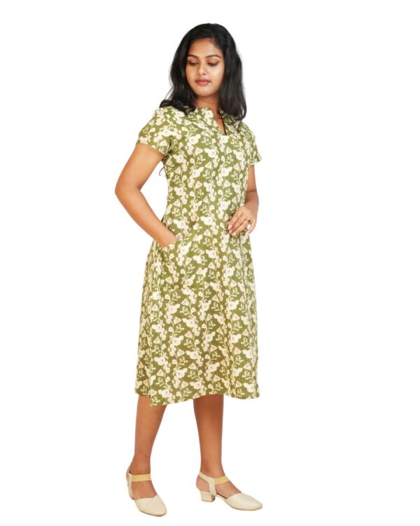 Kantha Cotton Dress- Olive Green - Image 4