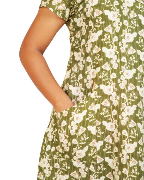 Kantha Cotton Dress- Olive Green - Image 3