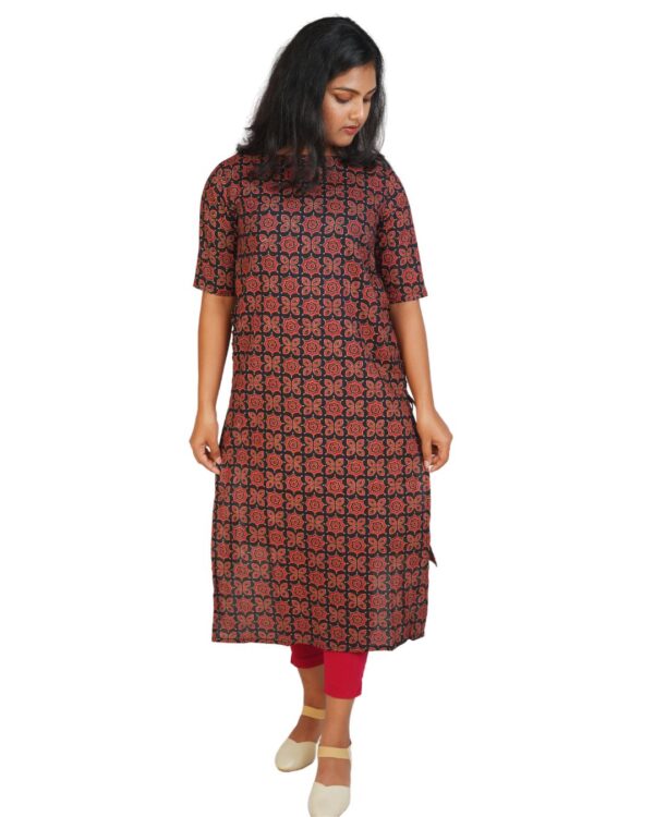 Ajrakh Straight Cut Kurti- Black